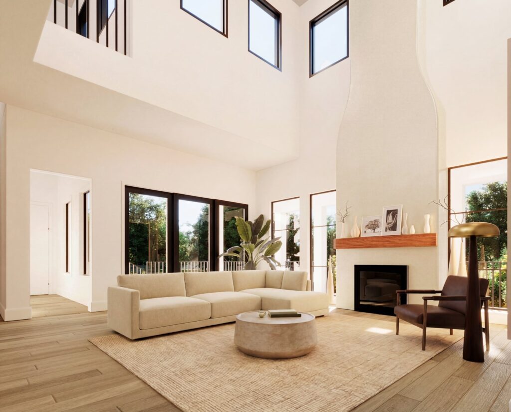 3606 Aberdeen Way - double-height living room with fireplace, rendering